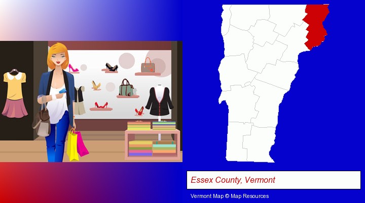a woman shopping in a clothing store; Essex County, Vermont highlighted in red on a map