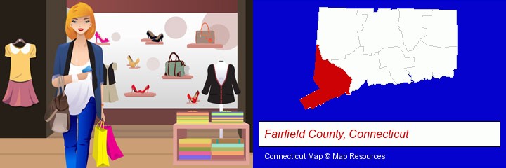 a woman shopping in a clothing store; Fairfield County, Connecticut highlighted in red on a map