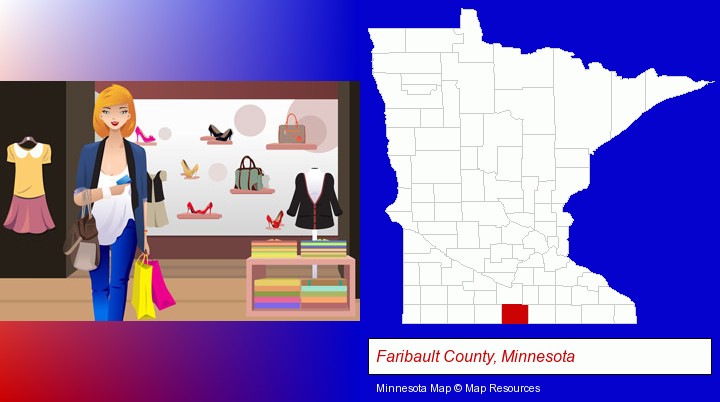 a woman shopping in a clothing store; Faribault County, Minnesota highlighted in red on a map