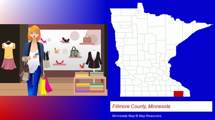 a woman shopping in a clothing store; Fillmore County, Minnesota highlighted in red on a map