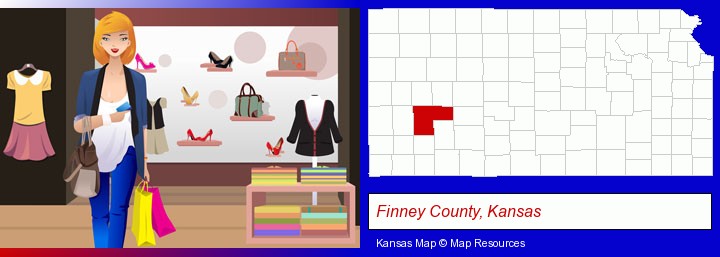 a woman shopping in a clothing store; Finney County, Kansas highlighted in red on a map
