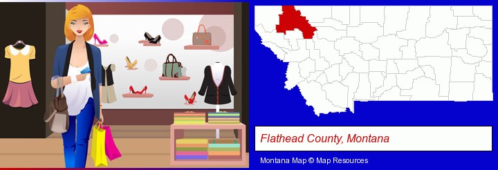 a woman shopping in a clothing store; Flathead County, Montana highlighted in red on a map