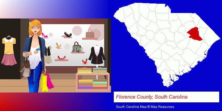 a woman shopping in a clothing store; Florence County, South Carolina highlighted in red on a map