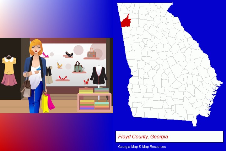 a woman shopping in a clothing store; Floyd County, Georgia highlighted in red on a map