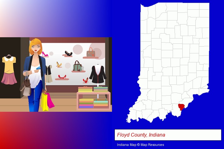 a woman shopping in a clothing store; Floyd County, Indiana highlighted in red on a map