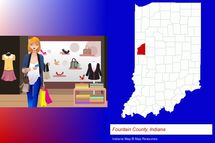 a woman shopping in a clothing store; Fountain County, Indiana highlighted in red on a map