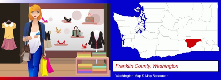 a woman shopping in a clothing store; Franklin County, Washington highlighted in red on a map