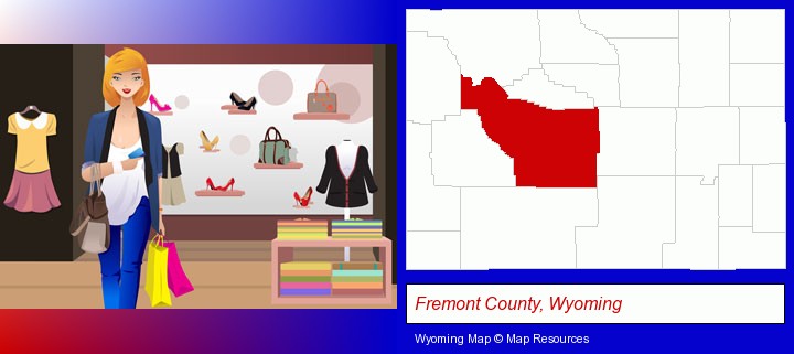 a woman shopping in a clothing store; Fremont County, Wyoming highlighted in red on a map