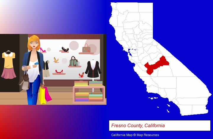 a woman shopping in a clothing store; Fresno County, California highlighted in red on a map
