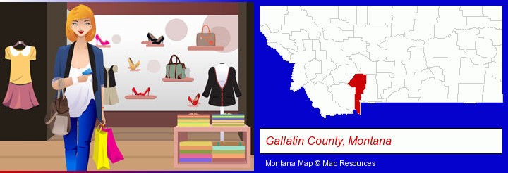 a woman shopping in a clothing store; Gallatin County, Montana highlighted in red on a map