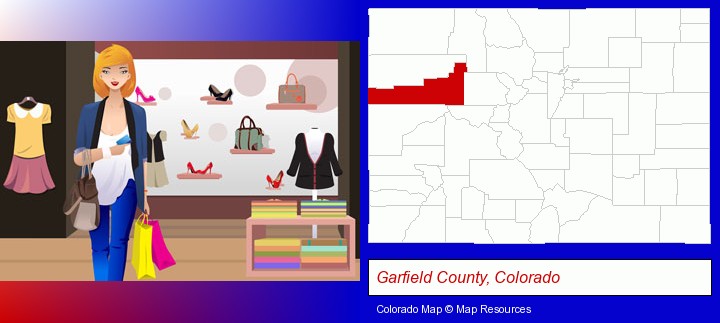 a woman shopping in a clothing store; Garfield County, Colorado highlighted in red on a map
