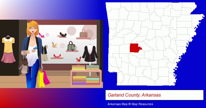 a woman shopping in a clothing store; Garland County, Arkansas highlighted in red on a map