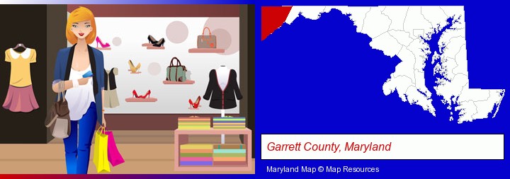 a woman shopping in a clothing store; Garrett County, Maryland highlighted in red on a map