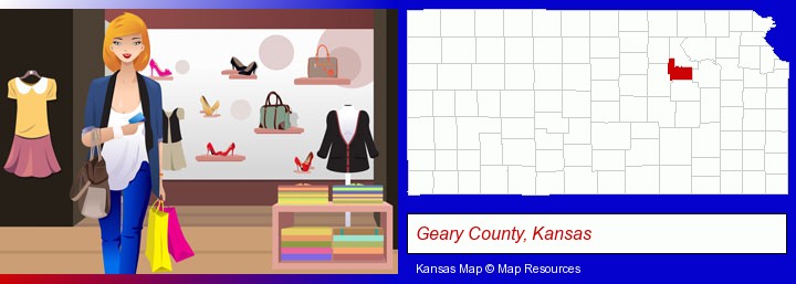 a woman shopping in a clothing store; Geary County, Kansas highlighted in red on a map