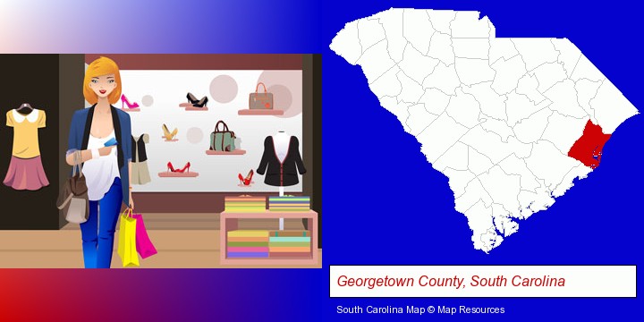 a woman shopping in a clothing store; Georgetown County, South Carolina highlighted in red on a map