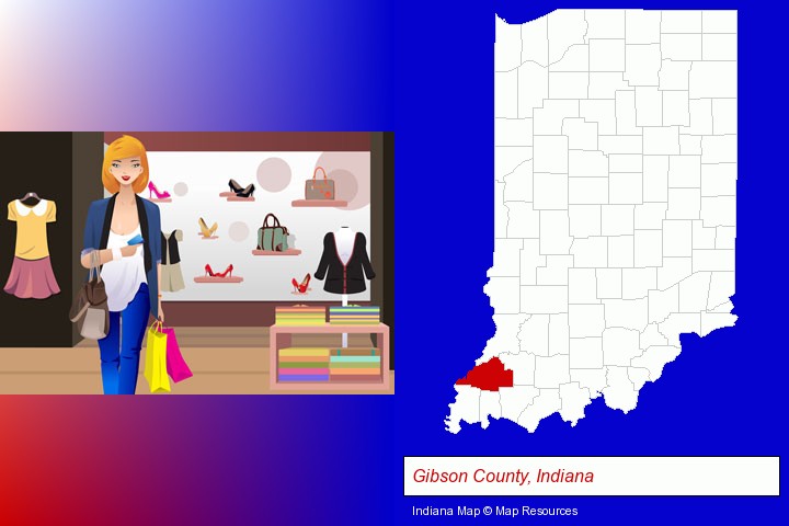 a woman shopping in a clothing store; Gibson County, Indiana highlighted in red on a map