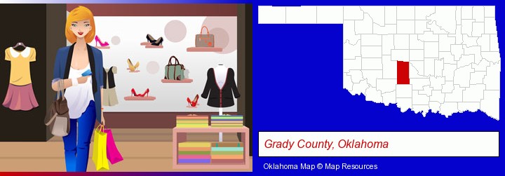 a woman shopping in a clothing store; Grady County, Oklahoma highlighted in red on a map