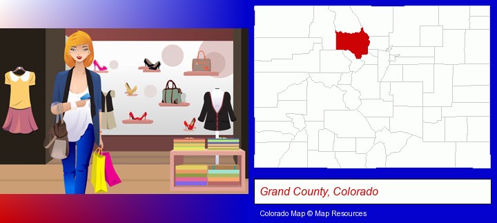 a woman shopping in a clothing store; Grand County, Colorado highlighted in red on a map