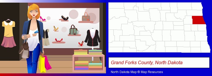 a woman shopping in a clothing store; Grand Forks County, North Dakota highlighted in red on a map
