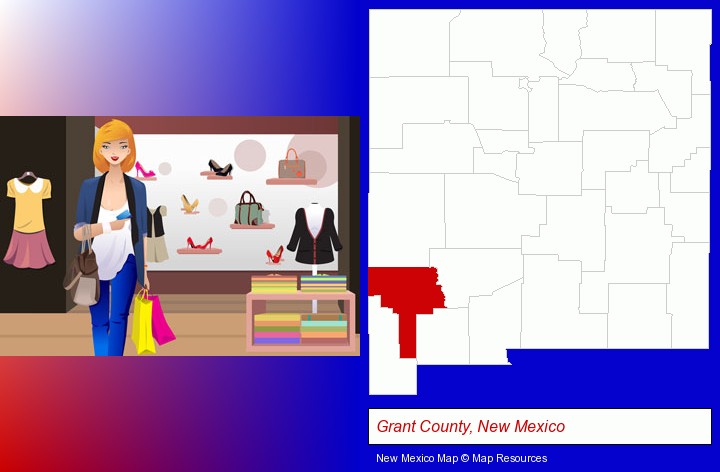 a woman shopping in a clothing store; Grant County, New Mexico highlighted in red on a map