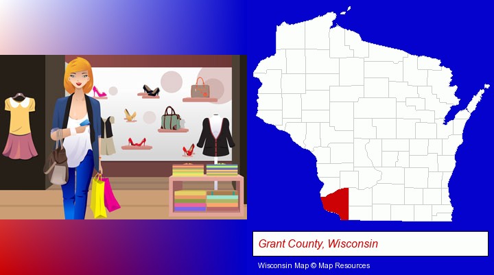 a woman shopping in a clothing store; Grant County, Wisconsin highlighted in red on a map