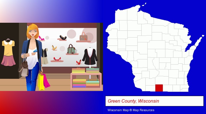 a woman shopping in a clothing store; Green County, Wisconsin highlighted in red on a map