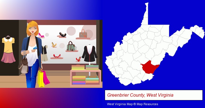 a woman shopping in a clothing store; Greenbrier County, West Virginia highlighted in red on a map