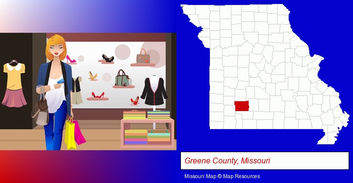 a woman shopping in a clothing store; Greene County, Missouri highlighted in red on a map