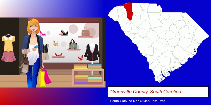 a woman shopping in a clothing store; Greenville County, South Carolina highlighted in red on a map