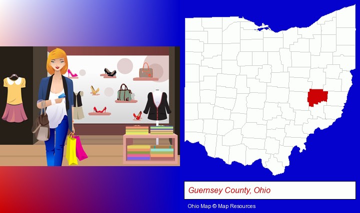 a woman shopping in a clothing store; Guernsey County, Ohio highlighted in red on a map