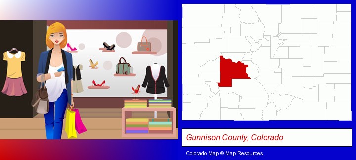 a woman shopping in a clothing store; Gunnison County, Colorado highlighted in red on a map