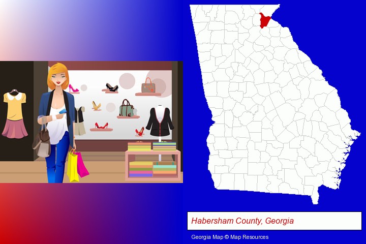a woman shopping in a clothing store; Habersham County, Georgia highlighted in red on a map
