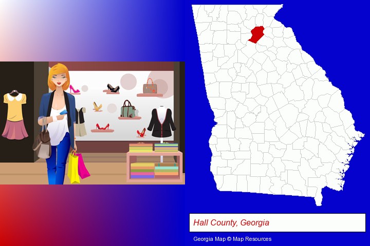 a woman shopping in a clothing store; Hall County, Georgia highlighted in red on a map