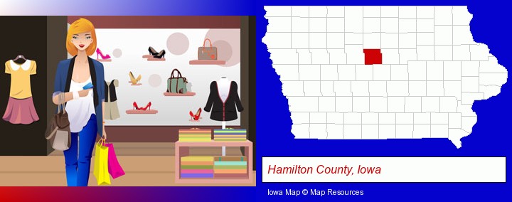 a woman shopping in a clothing store; Hamilton County, Iowa highlighted in red on a map