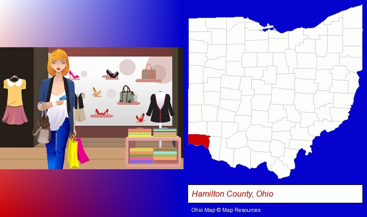 a woman shopping in a clothing store; Hamilton County, Ohio highlighted in red on a map