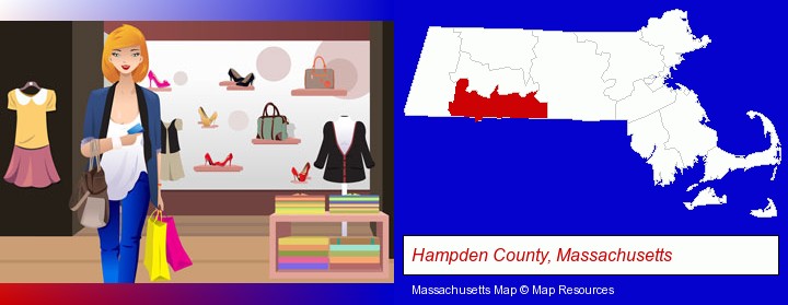 a woman shopping in a clothing store; Hampden County, Massachusetts highlighted in red on a map
