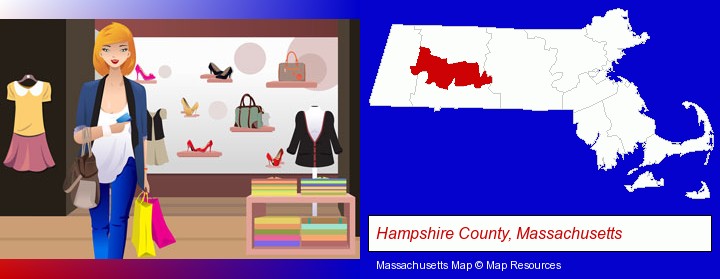 a woman shopping in a clothing store; Hampshire County, Massachusetts highlighted in red on a map