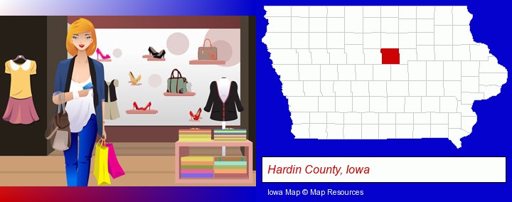 a woman shopping in a clothing store; Hardin County, Iowa highlighted in red on a map