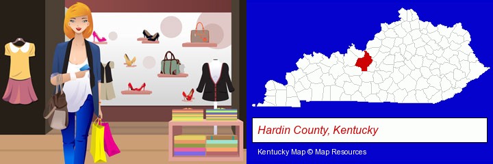 a woman shopping in a clothing store; Hardin County, Kentucky highlighted in red on a map