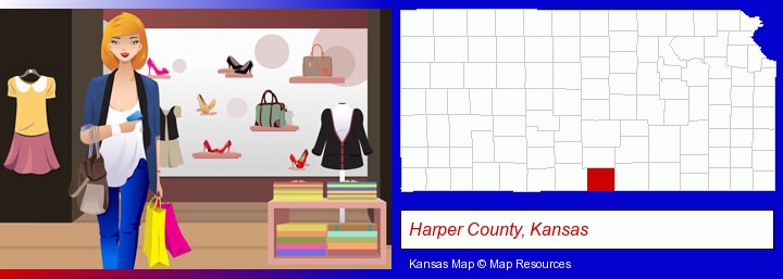 a woman shopping in a clothing store; Harper County, Kansas highlighted in red on a map