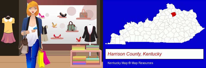 a woman shopping in a clothing store; Harrison County, Kentucky highlighted in red on a map
