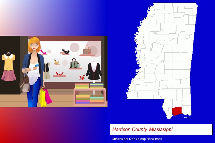 a woman shopping in a clothing store; Harrison County, Mississippi highlighted in red on a map