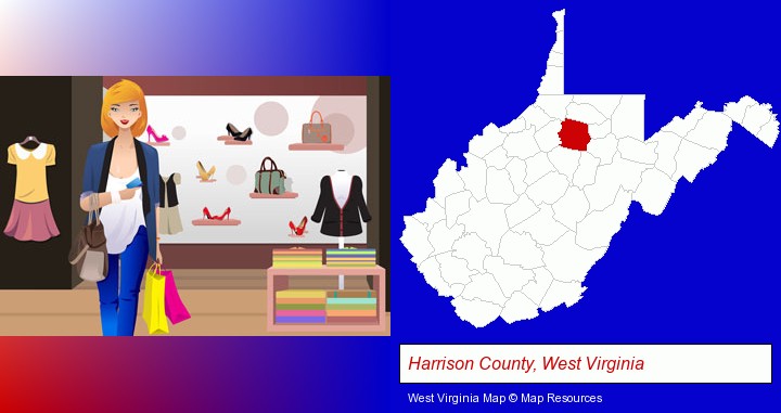 a woman shopping in a clothing store; Harrison County, West Virginia highlighted in red on a map