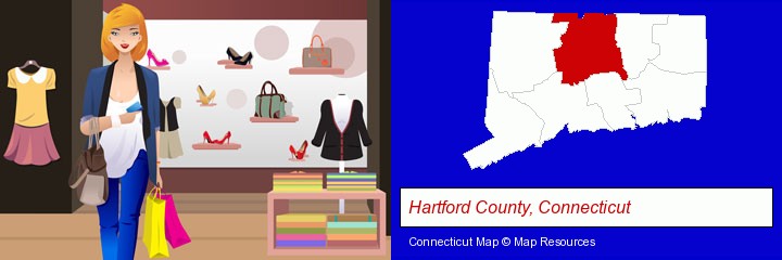 a woman shopping in a clothing store; Hartford County, Connecticut highlighted in red on a map
