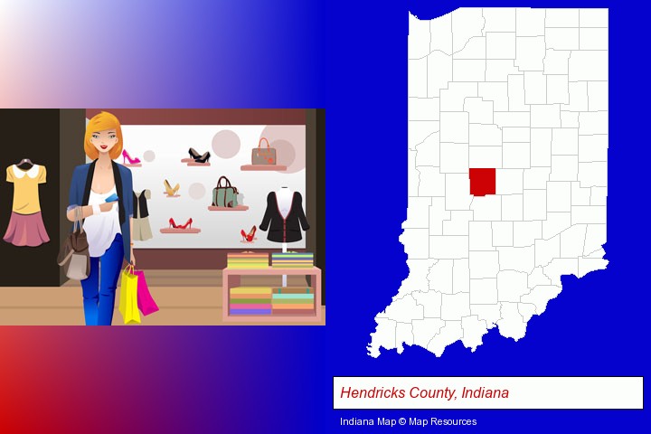 a woman shopping in a clothing store; Hendricks County, Indiana highlighted in red on a map