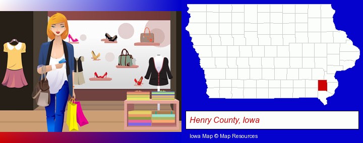 a woman shopping in a clothing store; Henry County, Iowa highlighted in red on a map