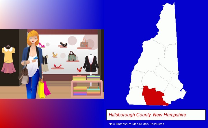 a woman shopping in a clothing store; Hillsborough County, New Hampshire highlighted in red on a map