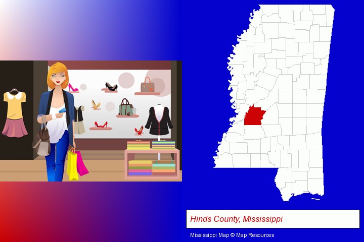 a woman shopping in a clothing store; Hinds County, Mississippi highlighted in red on a map
