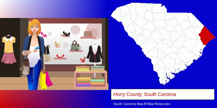 a woman shopping in a clothing store; Horry County, South Carolina highlighted in red on a map