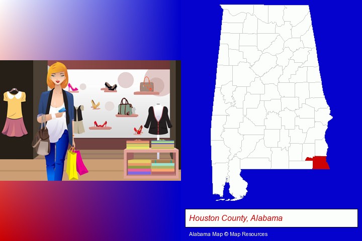 a woman shopping in a clothing store; Houston County, Alabama highlighted in red on a map